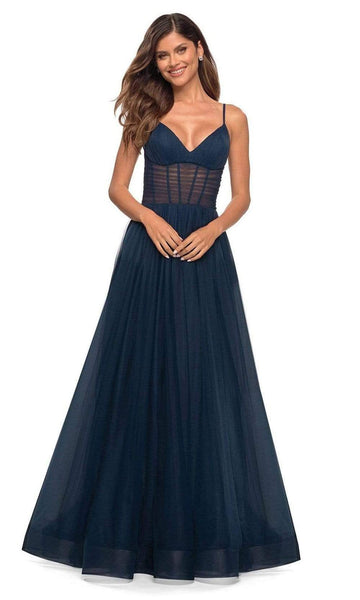 A-line V-neck Tulle Pocketed Ruched Slit Back Zipper Sheer Spaghetti Strap Corset Empire Waistline Dress with a Brush/Sweep Train