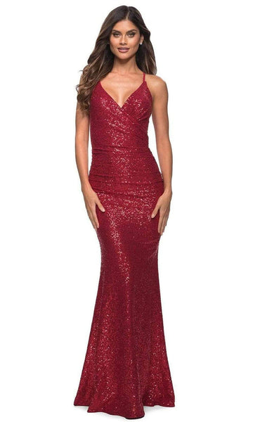 Sophisticated V-neck Sheath Sleeveless Spaghetti Strap Natural Waistline Sequined Open-Back Back Zipper Fitted Faux Wrap Sheath Dress/Evening Dress/Prom Dress with a Brush/Sweep Train
