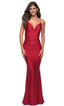 V-neck Natural Waistline Jersey Sleeveless Spaghetti Strap Draped Back Zipper Ruched Fitted Sheath Mermaid Floor Length Sheath Dress/Evening Dress with a Brush/Sweep Train