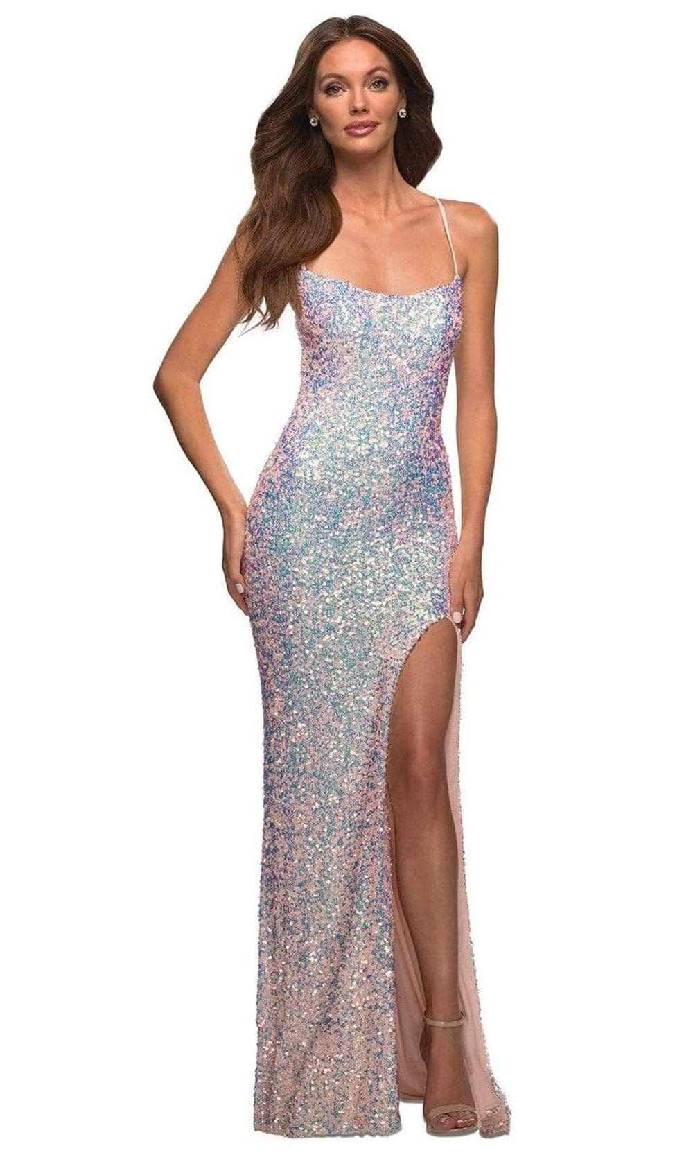La Femme - 30371 Multicolor Sequined Slit Dress
