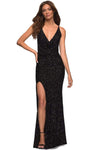 Sophisticated V-neck Open-Back Sequined Slit Sheath Cowl Neck Natural Waistline Spaghetti Strap Sheath Dress with a Brush/Sweep Train