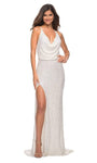 Sophisticated V-neck Sheath Slit Sequined Open-Back Spaghetti Strap Cowl Neck Natural Waistline Sheath Dress with a Brush/Sweep Train