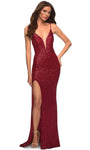 Sophisticated V-neck Floor Length Sheath Slit Sequined Illusion Lace-Up Plunging Neck Natural Waistline Spaghetti Strap Sheath Dress