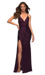 V-neck Sheath Spaghetti Strap Ruched Wrap Slit Fitted Sequined Lace-Up Natural Waistline Sheath Dress with a Brush/Sweep Train