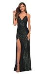 V-neck Natural Waistline Sheath Spaghetti Strap Sequined Fitted Lace-Up Ruched Wrap Slit Sheath Dress with a Brush/Sweep Train