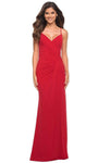 Sexy Sophisticated V-neck Sleeveless Spaghetti Strap Ruched Slit Lace-Up Back Zipper Natural Waistline Jersey Sheath Bandeau Neck Sheath Dress with a Brush/Sweep Train