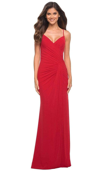 Sexy Sophisticated V-neck Sheath Jersey Lace-Up Back Zipper Slit Ruched Sleeveless Spaghetti Strap Natural Waistline Bandeau Neck Sheath Dress with a Brush/Sweep Train