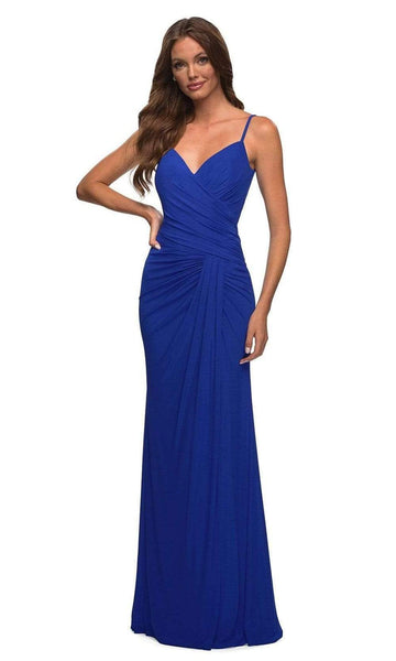 Sexy Sophisticated V-neck Bandeau Neck Jersey Natural Waistline Sheath Sleeveless Spaghetti Strap Slit Ruched Lace-Up Back Zipper Sheath Dress with a Brush/Sweep Train