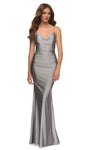 V-neck Cowl Neck Jeweled Beaded Ruched Open-Back Sheath Spaghetti Strap Natural Waistline Jersey Sheath Dress with a Brush/Sweep Train