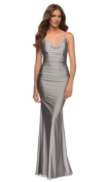 V-neck Jeweled Open-Back Ruched Beaded Natural Waistline Sheath Spaghetti Strap Jersey Cowl Neck Sheath Dress with a Brush/Sweep Train