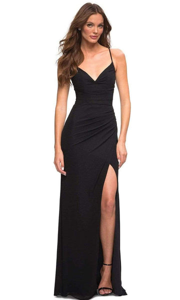 V-neck Jersey Spaghetti Strap Sheath Natural Waistline Wrap Fitted Lace-Up Slit Ruched Sheath Dress with a Brush/Sweep Train