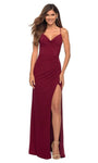 V-neck Natural Waistline Jersey Fitted Ruched Slit Wrap Lace-Up Spaghetti Strap Sheath Sheath Dress with a Brush/Sweep Train