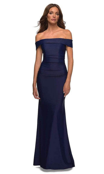 Jersey Floor Length Sheath Fitted Back Zipper Open-Back Ruched Off the Shoulder Natural Waistline Sheath Dress with a Brush/Sweep Train