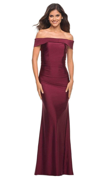 Jersey Sheath Floor Length Natural Waistline Off the Shoulder Back Zipper Ruched Open-Back Fitted Sheath Dress with a Brush/Sweep Train