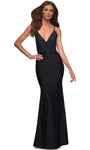 V-neck Spaghetti Strap Sheath Plunging Neck Natural Waistline Jersey Beaded Lace-Up Sheath Dress with a Brush/Sweep Train