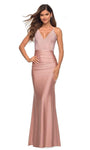 V-neck Jersey Natural Waistline Beaded Lace-Up Sheath Plunging Neck Spaghetti Strap Sheath Dress with a Brush/Sweep Train