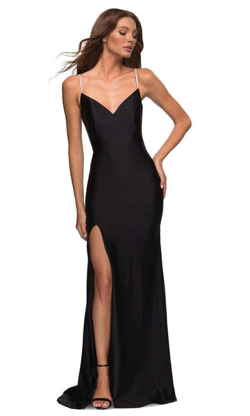 V-neck Sheath Floor Length Natural Waistline Jersey Jeweled Slit Open-Back Sheath Dress with a Brush/Sweep Train With Rhinestones