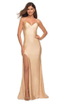 V-neck Jersey Natural Waistline Floor Length Jeweled Open-Back Slit Sheath Sheath Dress with a Brush/Sweep Train With Rhinestones