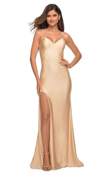 V-neck Natural Waistline Sheath Floor Length Slit Open-Back Jeweled Jersey Sheath Dress with a Brush/Sweep Train With Rhinestones