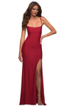 Scoop Neck Natural Waistline Jersey Floor Length Open-Back Slit Lace-Up Sheath Spaghetti Strap Sheath Dress