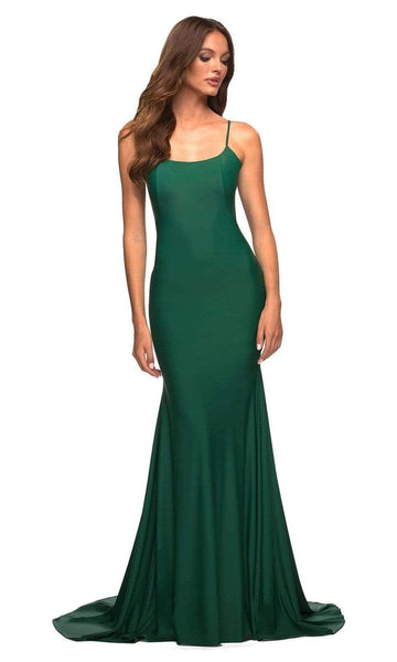 Spaghetti Strap Natural Waistline Jersey Mermaid Open-Back Back Zipper Scoop Neck Prom Dress with a Brush/Sweep Train