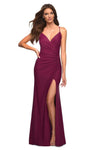 V-neck Floor Length Sheath Natural Waistline Gathered Slit Ruched Fitted Open-Back Spaghetti Strap Jersey Sheath Dress with a Brush/Sweep Train
