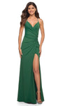 V-neck Jersey Sheath Natural Waistline Gathered Ruched Slit Fitted Open-Back Spaghetti Strap Floor Length Sheath Dress with a Brush/Sweep Train