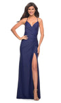 V-neck Jersey Spaghetti Strap Sheath Ruched Open-Back Slit Fitted Gathered Natural Waistline Floor Length Sheath Dress with a Brush/Sweep Train