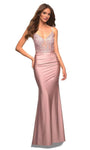 V-neck Sheath Mermaid Natural Waistline Lace-Up Back Zipper Plunging Neck Sheath Dress with a Brush/Sweep Train With Rhinestones