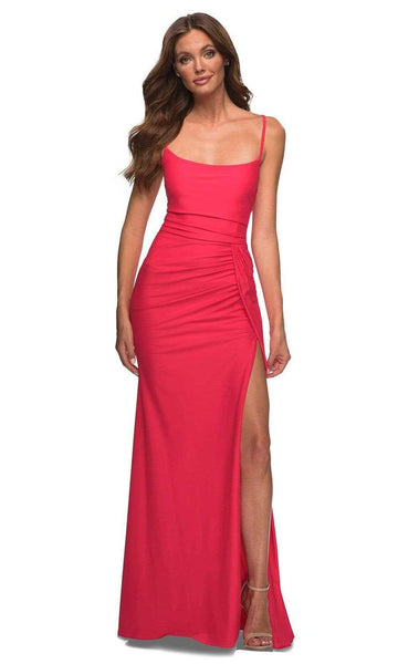Sophisticated Sheath Natural Waistline Floor Length Bateau Neck Scoop Neck Jersey Ruched Lace-Up Open-Back Fitted Wrap Slit Sleeveless Spaghetti Strap Sheath Dress/Evening Dress with a Brush/Sweep Tra