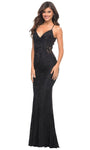 V-neck Natural Waistline Spaghetti Strap Sheath Beaded Applique Illusion Lace Sheath Dress with a Brush/Sweep Train