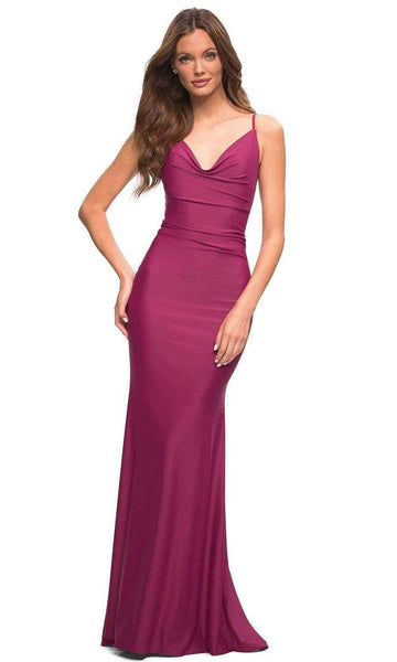 V-neck Jersey Floor Length Natural Waistline Sleeveless Spaghetti Strap Sheath Fitted Open-Back Back Zipper Ruched Sheath Dress with a Brush/Sweep Train