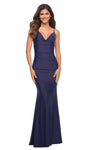 V-neck Natural Waistline Floor Length Sheath Jersey Sleeveless Spaghetti Strap Open-Back Fitted Ruched Back Zipper Sheath Dress with a Brush/Sweep Train