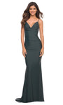 V-neck Floor Length Jersey Sheath Open-Back Ruched Fitted Back Zipper Natural Waistline Sleeveless Spaghetti Strap Sheath Dress with a Brush/Sweep Train