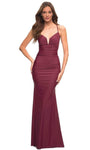 Sophisticated V-neck Sheath Spaghetti Strap Cutout Ruched Floor Length Natural Waistline Jersey Bandeau Neck Notched Collar Fall Sheath Dress with a Brush/Sweep Train