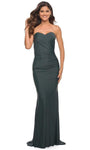 Sophisticated Strapless Sweetheart Natural Waistline Sheath Ruched Gathered Jersey Sheath Dress with a Brush/Sweep Train