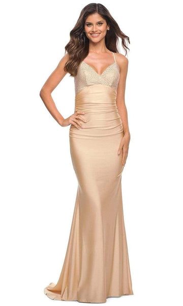V-neck Mermaid Empire Waistline Dots Print Jersey Sleeveless Lace-Up Fitted Ruched Evening Dress with a Brush/Sweep Train With Rhinestones