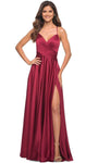 Sexy A-line V-neck Sleeveless Spaghetti Strap Satin Ruched Slit Back Zipper Pleated Pocketed Lace-Up Natural Waistline Party Dress with a Brush/Sweep Train