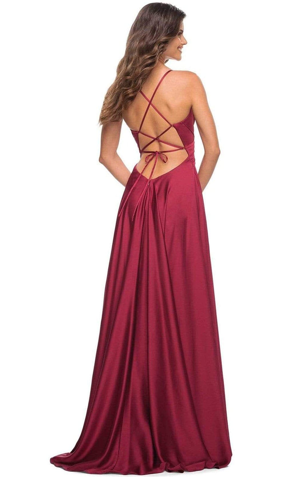 La Femme - 30512 V-Neck High Slit Satin Dress – Couture Candy