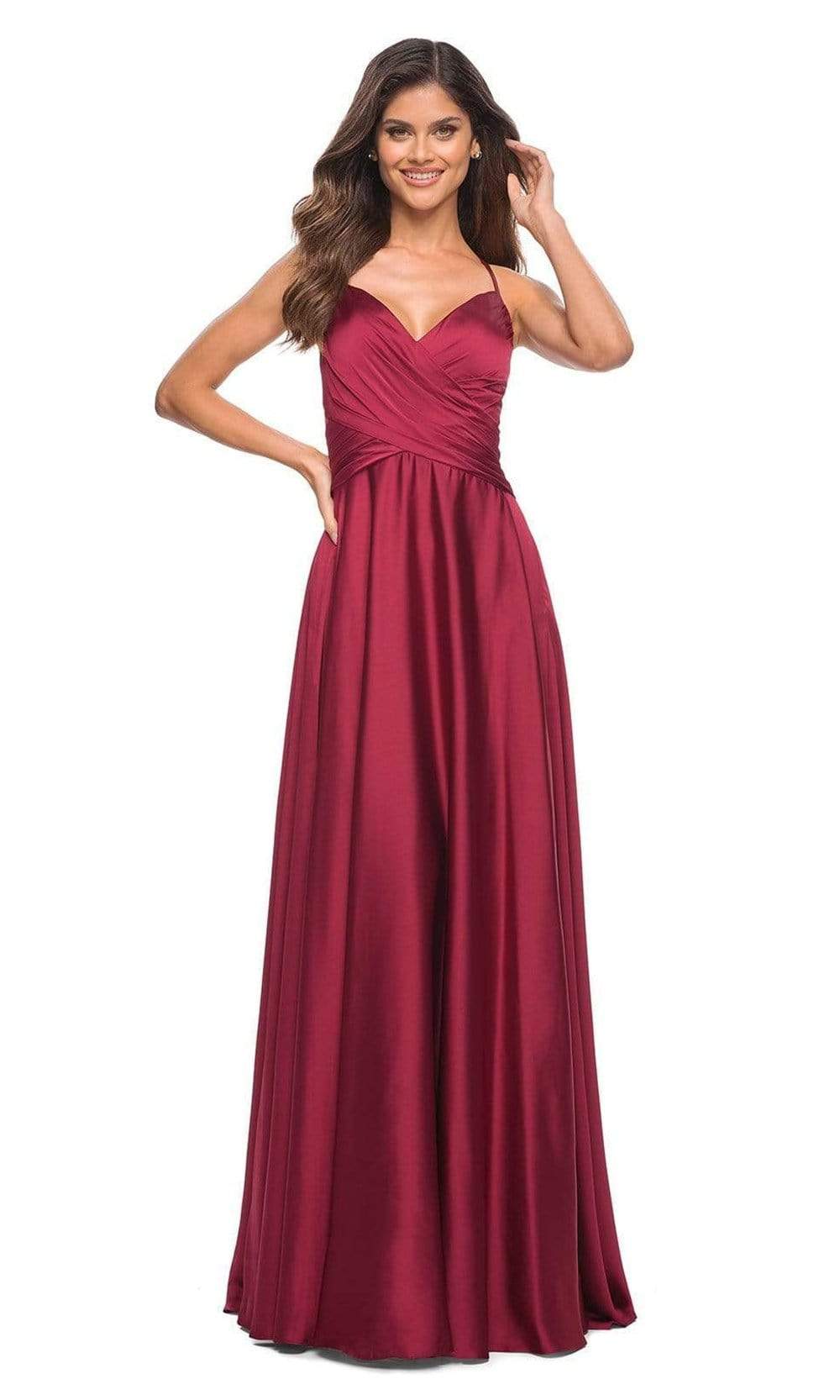 La Femme - 30512 V-Neck High Slit Satin Dress – Couture Candy