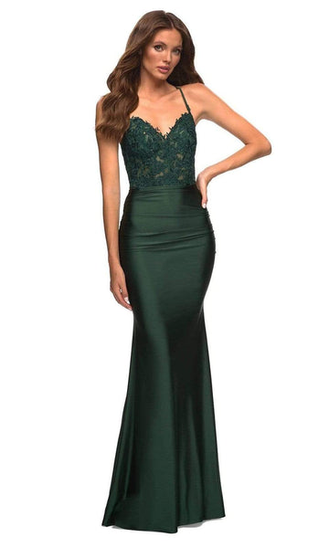 V-neck Mermaid Spaghetti Strap Sheer Beaded Open-Back Natural Waistline Dress with a Brush/Sweep Train