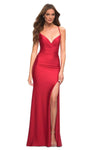 V-neck Lace-Up Ruched Slit Back Zipper Jersey Sheath Natural Waistline Sleeveless Spaghetti Strap Floor Length Sheath Dress/Evening Dress/Prom Dress