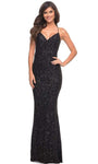 V-neck Spaghetti Strap Sheath Natural Waistline Sequined Back Zipper Open-Back Sheath Dress with a Brush/Sweep Train