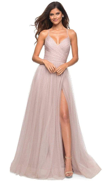 Sexy V-neck Back Zipper Beaded Lace-Up Slit Ruched Tulle Natural Waistline Sleeveless Evening Dress with a Brush/Sweep Train With Rhinestones