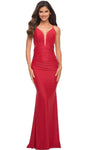 V-neck Jersey Sleeveless Mermaid Back Zipper Ruched Sheer Cutout Lace-Up Plunging Neck Empire Waistline Evening Dress with a Brush/Sweep Train