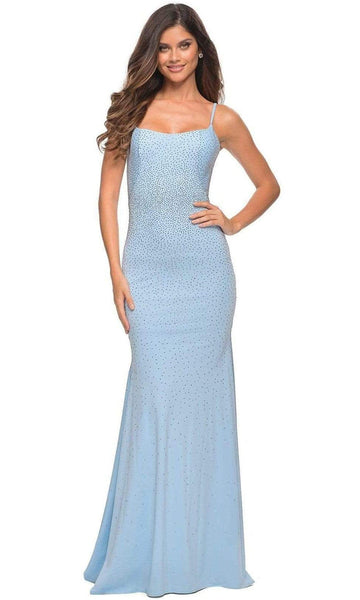 Square Neck Jersey Sleeveless Spaghetti Strap Natural Waistline Back Zipper Beaded Fitted Open-Back Mermaid Evening Dress with a Brush/Sweep Train With Rhinestones
