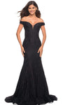 V-neck Beaded Fitted Sheer Back Zipper Open-Back Off the Shoulder Lace Natural Waistline Mermaid Evening Dress with a Brush/Sweep Train