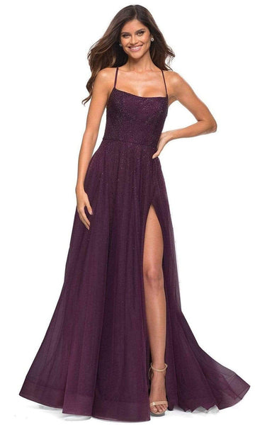 A-line Tulle Natural Waistline Slit Flowy Open-Back Lace-Up Beaded Fitted Straight Neck Floor Length Sleeveless Spaghetti Strap Dress With Rhinestones