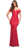 Off the Shoulder Mermaid Jersey Floor Length Natural Waistline Fitted Pleated Ruched Dress