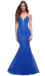 V-neck Spaghetti Strap Mermaid Plunging Neck Natural Waistline Beaded Sheer Open-Back Applique Dress with a Brush/Sweep Train